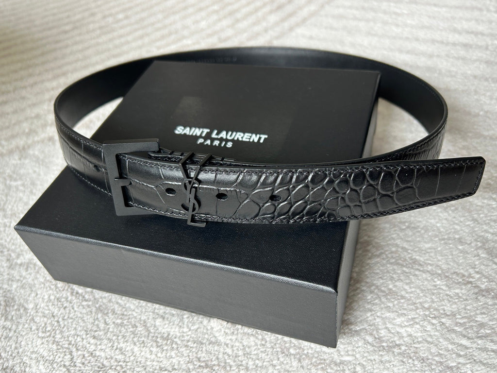 YSL 25S BELT 30 MM IN BLACK CROCODILE-EMBOSSED LEATHER 543667