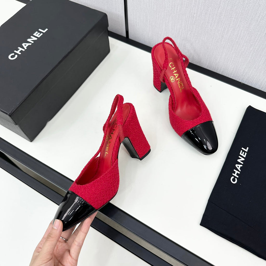 HIGH SLINGBACK ROSE RED TWEED AND BLACK CALFSKIN