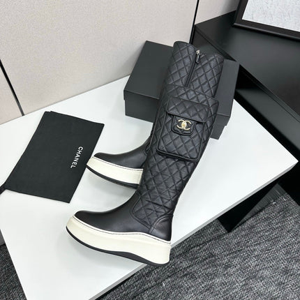 CHANEL 25S WEDGE KNEE-HIGH BOOTS IN BLACK CALFSKIN SILVER HARDWARE
