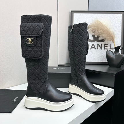 CHANEL 25S WEDGE KNEE-HIGH BOOTS IN BLACK CALFSKIN AND DENIM