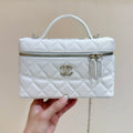STRASS VANITY QUILTED CASE 19 IN WHITE CALFSKIN WITH GOLD METALLIC