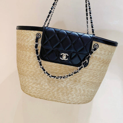 CHANEL 26S TOTE BAG 25 IN BEIGE FABRIC AND BLACK CALFSKIN