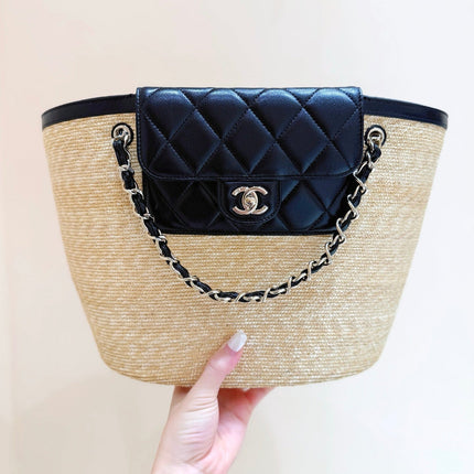 CHANEL 26S TOTE BAG 25 IN BEIGE FABRIC AND BLACK CALFSKIN