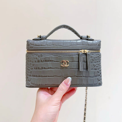 CHANEL 26S MINI BOX BAG 14 IN GRAY CALFSKIN LIZARD EMBOSSED