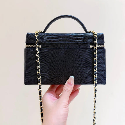 CHANEL 26S MINI BOX BAG 14 IN BLACK CALFSKIN LIZARD EMBOSSED