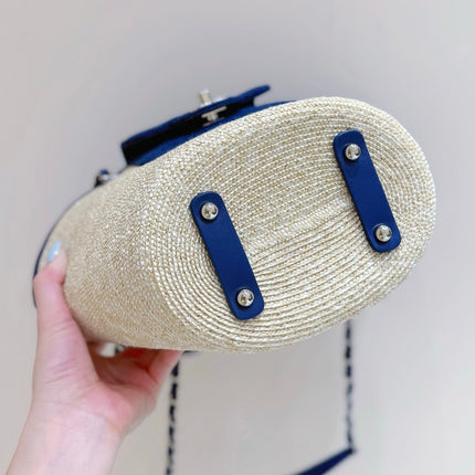 CHANEL 26S TOTE BAG 25 IN BEIGE FABRIC AND BLUE CALFSKIN