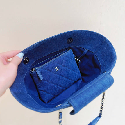 CHANEL 26S TOTE BAG 25 IN BEIGE FABRIC AND BLUE CALFSKIN