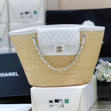 CHANEL 26S TOTE BAG 25 IN BEIGE FABRIC AND WHITE CALFSKIN
