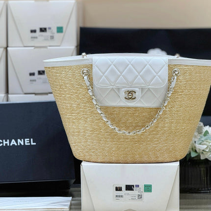 CHANEL 26S TOTE BAG 18 IN BEIGE FABRIC AND WHITE CALFSKIN