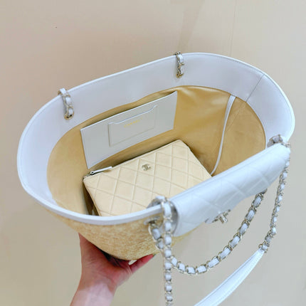 CHANEL 26S TOTE BAG 25 IN BEIGE FABRIC AND WHITE CALFSKIN