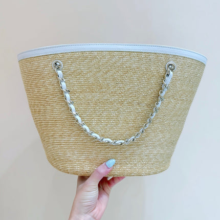 CHANEL 26S TOTE BAG 25 IN BEIGE FABRIC AND WHITE CALFSKIN