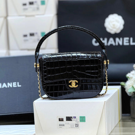 CHANEL 26S MINI BOX BAG 15 IN BLACK CALFSKIN CROCODILE EMBOSSED