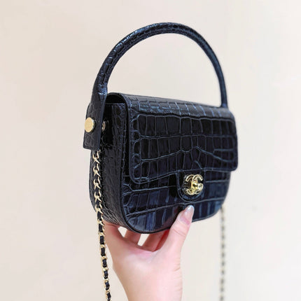 CHANEL 26S MINI BOX BAG 15 IN BLACK CALFSKIN CROCODILE EMBOSSED
