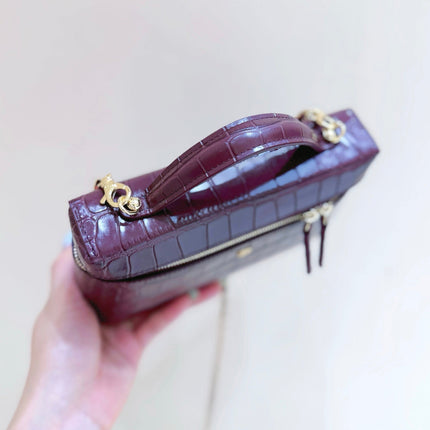 CHANEL 26S MINI BOX BAG 14 IN BURGUNDY CALFSKIN CROCODILE EMBOSSED