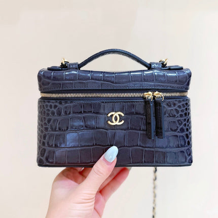 CHANEL 26S MINI BOX BAG 14 IN BLACK CALFSKIN CROCODILE EMBOSSED