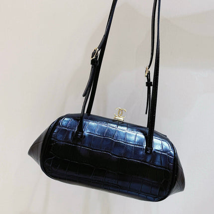CHANEL 26S MINI BOWLING BAG 29 IN BLACK CROCODILE EMBOSSED CALFSKIN