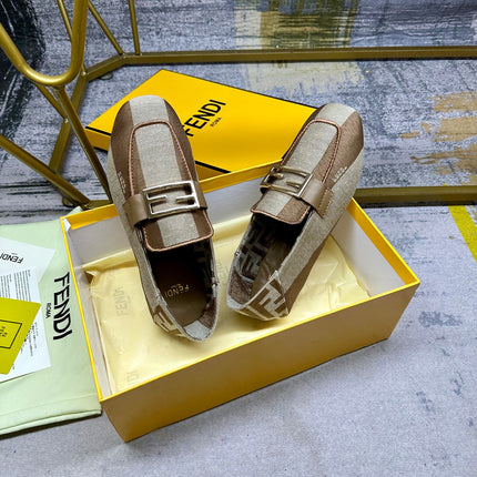 FENDI BAGUETTE LOAFERS IN BEIGE MIX BROWN CANVAS GOLD HARDWARE