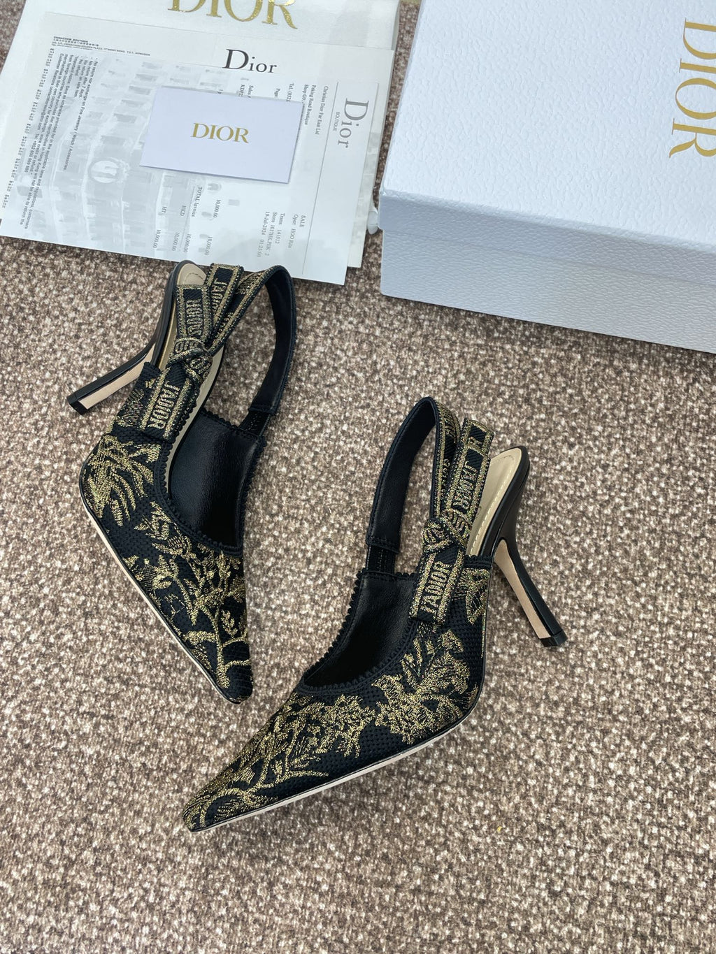J'ADIOR HIGH SLINGBACK PUMP BLACK AND GOLD-TONE MILLEFIORI JACQUARD 95 MM