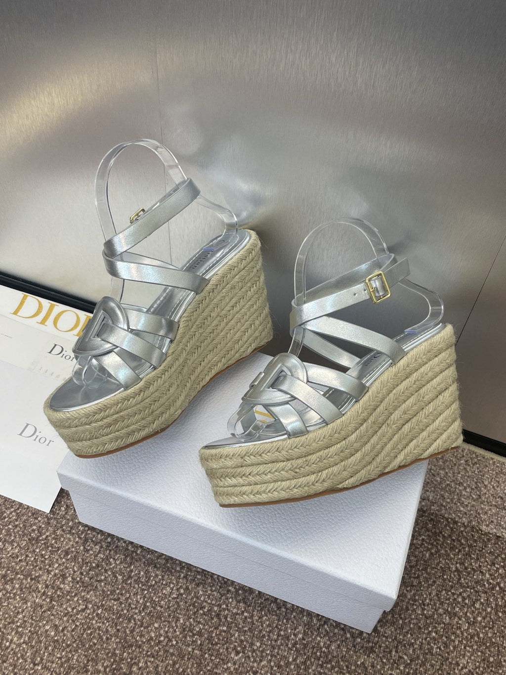 D-CLUB 25S HIGH HEEL WEDGE 100MM IN SILVER GLOSSY CALFSKIN RAFFIA SOLE