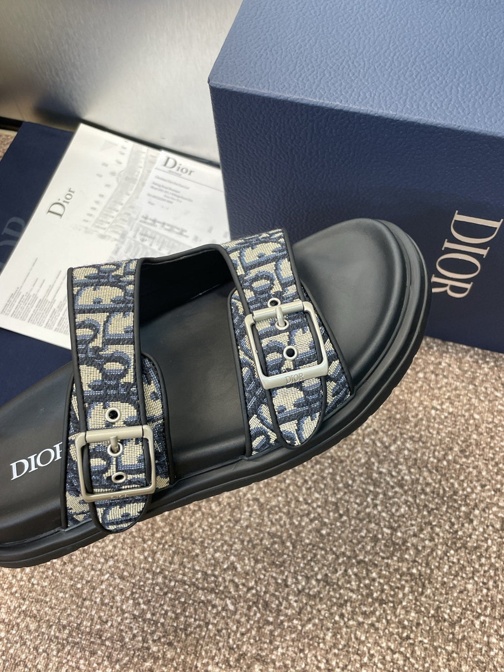 DIOR 25S DIORACT SLIDE IN DEEP BLUE CALFSKIN AND CANVAS SILVER HARDWARE