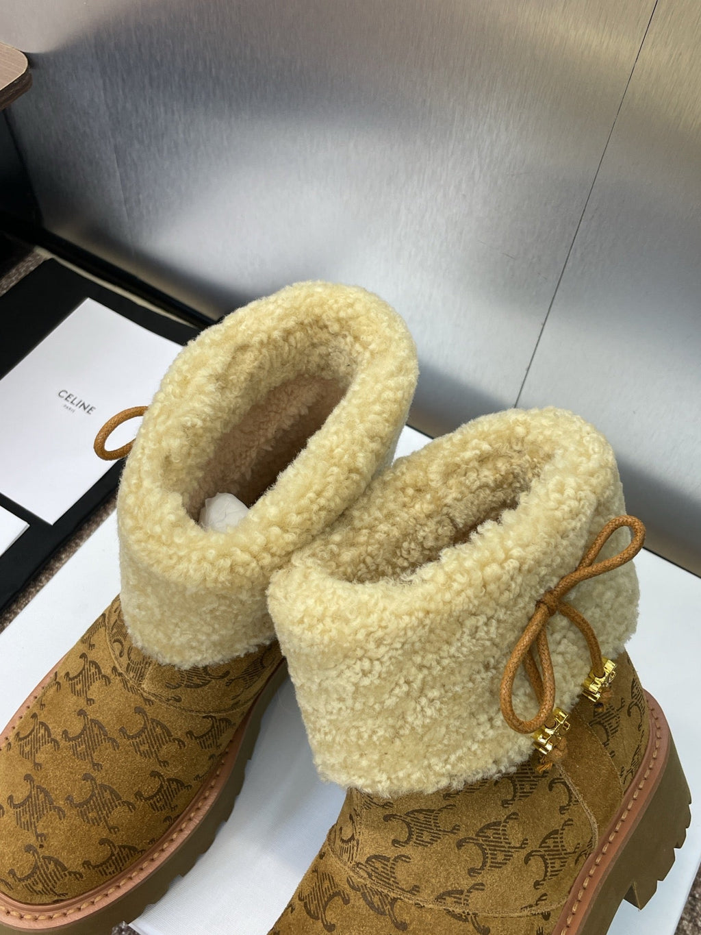 CELINE 26S ANKLE BOOTS 45 MM IN BROWN SUEDE AND BEIGE WOOL
