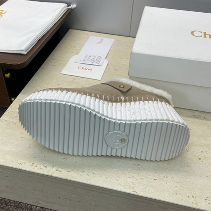 CHLOÉ 26S FUR-LINED WEDGE MULES IN DARK BEIGE SUEDE
