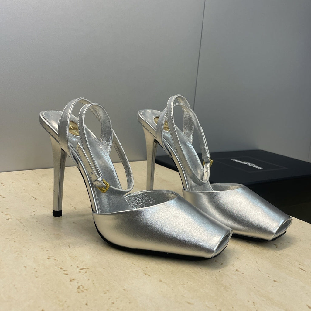 YSL 26S HEELED SANDALS 95 MM IN SILVER CALFSKIN