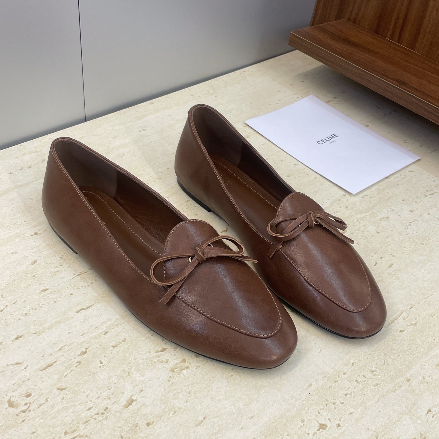 CELINE 26S BALLET FLATS IN DARK BROWN LAMBSKIN WITH BOW