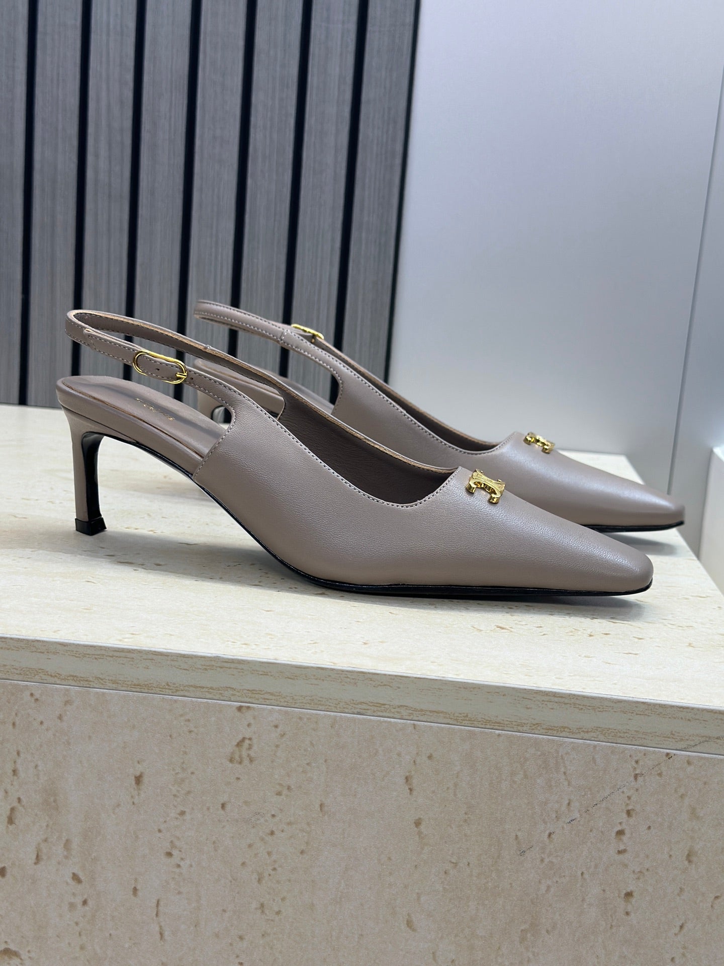 CELINE 26S SLINGBACK HEELS 65 MM IN BEIGE GREY CALFSKIN