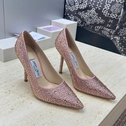 JIMMY CHOO 26S HIGH HEELS 95 MM IN PINK ROSE GOLD CRYSTAL-EMBELLISHED