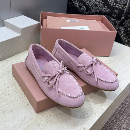 MIUMIU 26S LOAFERS IN LIGHT PURPLE SUEDE WITH BOW