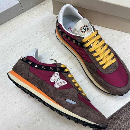 VALENTINO 26S BUTTERFLY EMBROIDERED SNEAKERS IN BROWN SUEDE & RED FABRIC