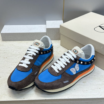 VALENTINO 26S BUTTERFLY EMBROIDERED SNEAKERS IN BROWN SUEDE & BLUE FABRIC