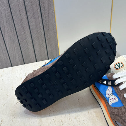 VALENTINO 26S BUTTERFLY EMBROIDERED SNEAKERS IN BROWN SUEDE & BLUE FABRIC
