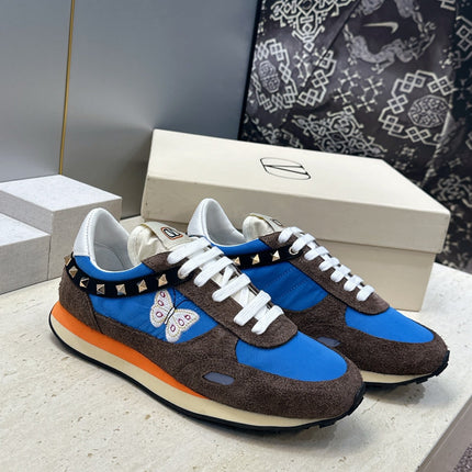 VALENTINO 26S BUTTERFLY EMBROIDERED SNEAKERS IN BROWN SUEDE & BLUE FABRIC