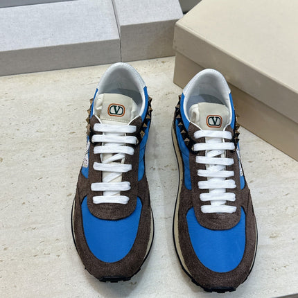VALENTINO 26S BUTTERFLY EMBROIDERED SNEAKERS IN BROWN SUEDE & BLUE FABRIC