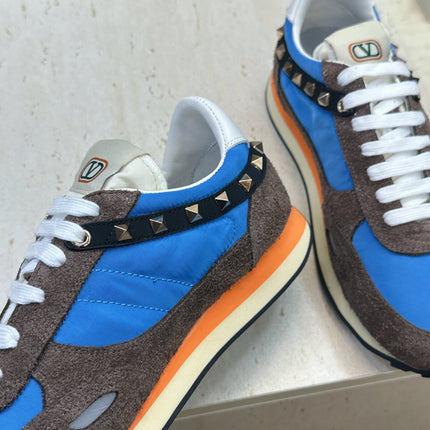VALENTINO 26S BUTTERFLY EMBROIDERED SNEAKERS IN BROWN SUEDE & BLUE FABRIC