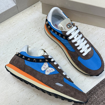 VALENTINO 26S BUTTERFLY EMBROIDERED SNEAKERS IN BROWN SUEDE & BLUE FABRIC