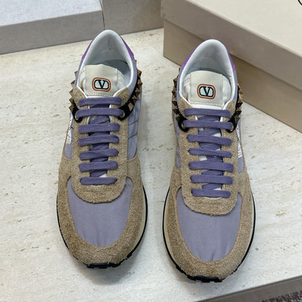 VALENTINO 26S BUTTERFLY EMBROIDERED SNEAKERS IN BEIGE SUEDE & PURPLE FABRIC