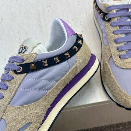 VALENTINO 26S BUTTERFLY EMBROIDERED SNEAKERS IN BEIGE SUEDE & PURPLE FABRIC