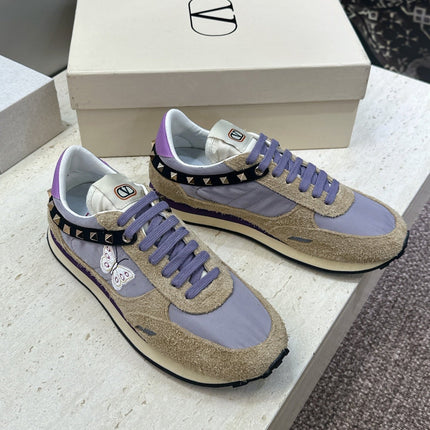 VALENTINO 26S BUTTERFLY EMBROIDERED SNEAKERS IN BEIGE SUEDE & PURPLE FABRIC