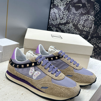 VALENTINO 26S BUTTERFLY EMBROIDERED SNEAKERS IN BEIGE SUEDE & PURPLE FABRIC