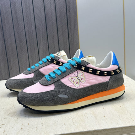 VALENTINO 26S BUTTERFLY EMBROIDERED SNEAKERS IN GREY SUEDE & PINK FABRIC