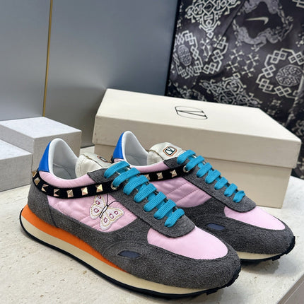 VALENTINO 26S BUTTERFLY EMBROIDERED SNEAKERS IN GREY SUEDE & PINK FABRIC