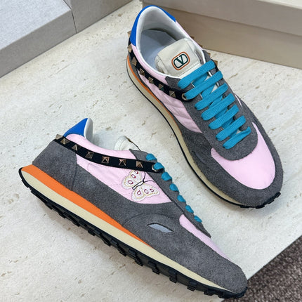 VALENTINO 26S BUTTERFLY EMBROIDERED SNEAKERS IN GREY SUEDE & PINK FABRIC