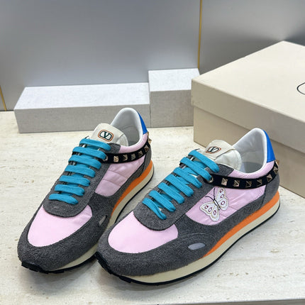 VALENTINO 26S BUTTERFLY EMBROIDERED SNEAKERS IN GREY SUEDE & PINK FABRIC