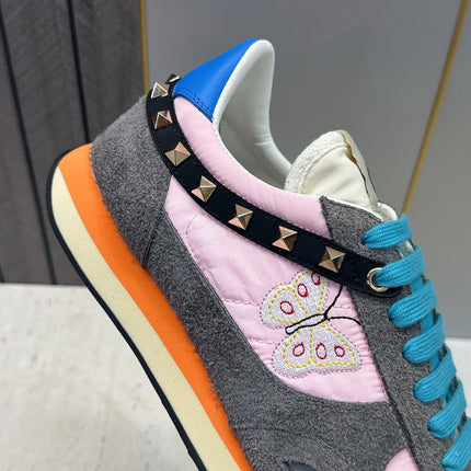 VALENTINO 26S BUTTERFLY EMBROIDERED SNEAKERS IN GREY SUEDE & PINK FABRIC