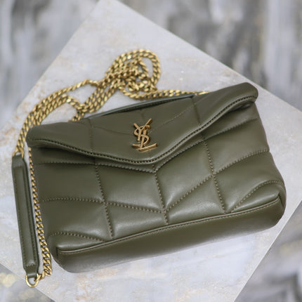 YSL 25S LOULOU PUFFER MINI 23 IN DARK OLIVE CALFSKIN GOLD HARDWARE