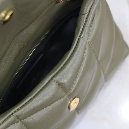 YSL 25S LOULOU PUFFER MINI 23 IN DARK OLIVE CALFSKIN GOLD HARDWARE