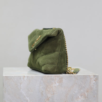 YSL 25S LOULOU PUFFER MINI 23 IN GREEN SUEDE GOLD HARDWARE